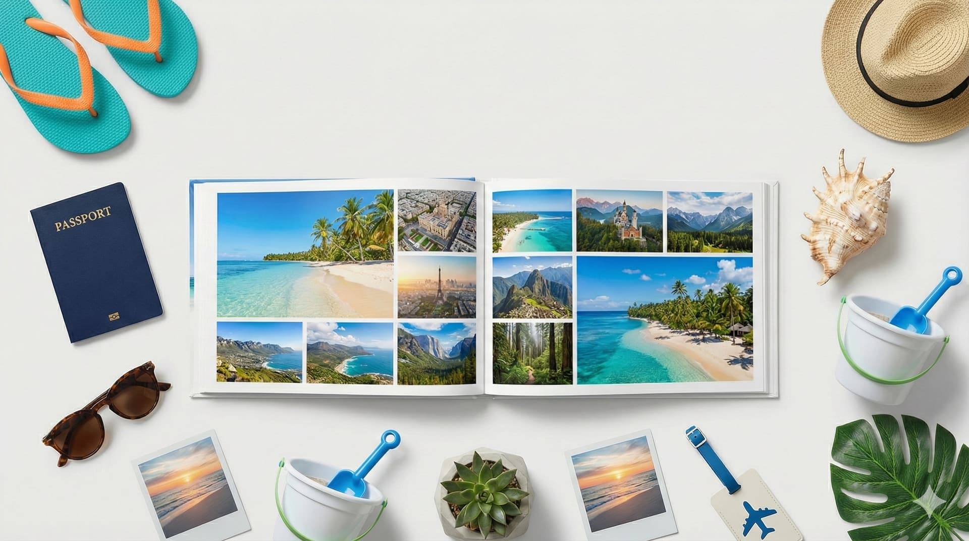 Álbum de fotos de viajes abierto sobre una mesa